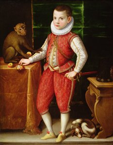 Porträtt av en ung adelsman med en apa och en hund, c.1615