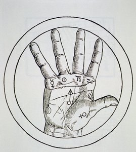 Planeternas position på höger hand, kopia av en illustration från De Occulta Philosophia Libri III, av Henricus Cornelius Agrippa, Antwerpen 1533, använd i en magihistoria, publicerad i slutet av 1800-talet av Flemish School