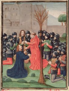 Roy 15 E I f.98v Fyndet av spjutet som Kristus genomborrades med, från Estoire d