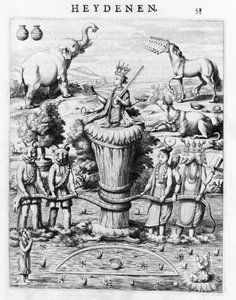 Samudramathana, med deltagande av Deva (Surya, Shiva, Vishnu, Brahma) med demoner och berg. Enligt Baldaeus Philippus Afgoderye der oost-indische Heydenen. Amsterdam 1672 av Flemish School