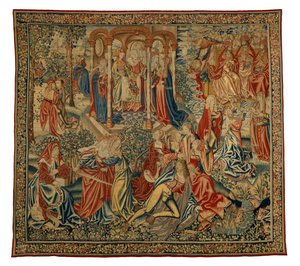 Tapestry, A Moral Allegory of Man or Justice Attacking Man, tillverkad i Flandern, Belgien, cirka 1500 (ull och siden) av Flemish School