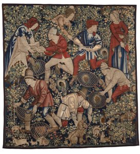Gobeläng föreställande bönder som jagar kaniner med illrar, Tournai, ca 1450-75 (ull) av Flemish School