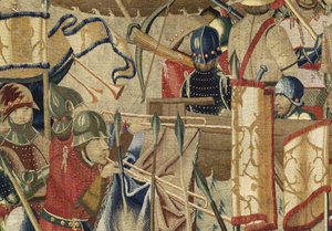 Gobeläng som visar erövringarna av kung Alfonso V av Portugal (Conquistas de Alfonso V de Portugal), Tournai. Detalj. (Ull och siden) av Flemish School