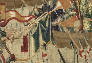 Gobeläng som visar erövringarna av kung Alfonso V av Portugal (Conquistas de Alfonso V de Portugal), Tournai. Detalj. (Ull och siden) av Flemish School