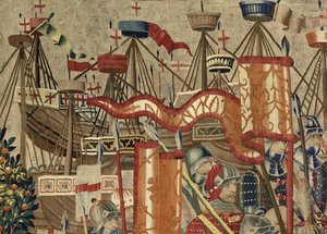 Gobeläng som visar erövringarna av kung Alfonso V av Portugal (Conquistas de Alfonso V de Portugal), Tournai. Detalj. (Ull och siden) av Flemish School
