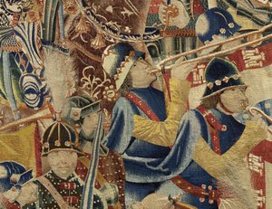 Gobeläng som visar erövringarna av kung Alfonso V av Portugal (Conquistas de Alfonso V de Portugal), Tournai. Detalj. (Ull och siden) av Flemish School