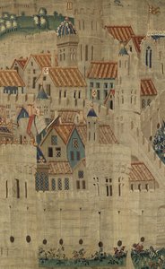 Gobeläng som visar erövringarna av kung Alfonso V av Portugal (Conquistas de Alfonso V de Portugal), Tournai. Detalj. (Ull och siden) av Flemish School