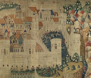Gobeläng som visar erövringarna av kung Alfonso V av Portugal (Conquistas de Alfonso V de Portugal), Tournai. Detalj. (Ull och siden) av Flemish School