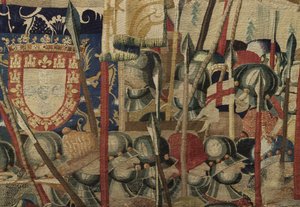 Gobeläng som visar erövringarna av kung Alfonso V av Portugal (Conquistas de Alfonso V de Portugal), Tournai. Detalj. (Ull och siden) av Flemish School