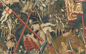 Gobeläng som visar erövringarna av kung Alfonso V av Portugal (Conquistas de Alfonso V de Portugal), Tournai. Detalj. (Ull och siden) av Flemish School