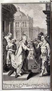 Telemaque anländer till Eumees hus, känner igen sin far med hjälp av Minerve, som dyker upp i Ulysses under gestalten av en vacker kvinna. Illustration till boken XVI de l