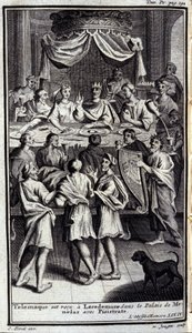 Telemaque tas emot i Lacedemone i Menelas palats med Pisistrate. Illustration till bok IV av Odyssee av Homere, i Odyssee, publicerad i Amsterdam 1731, Milano. av Flemish School