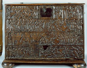 Courtrai-kistan som visar scener från slaget vid Golden Spurs som utkämpades i Courtrai 1302 (trä)