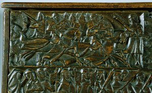 Courtrai-kistan som visar två scener från slaget vid de gyllene sporrarna som utkämpades i Courtrai 1302 (trä) (detalj)