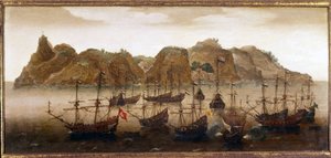 Den holländska flottan utanför ön St. Helena. Oljemålning. 1600-talet. Naval Museum Amsterdam av Flemish School