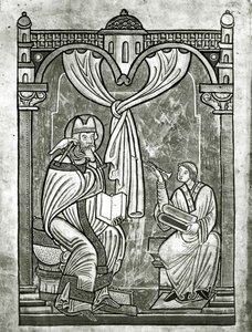 St. Gregorius extas (ca 540-604) skymtad av diakonen Peter genom en gardin genomborrad av hans stilett av Flemish School