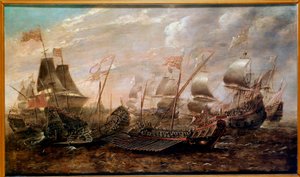 Sjöstriden Invincible Armada som såg den spanska armadans nederlag mot den engelska flottan i augusti 1588, flamländsk skola