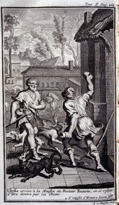 Ulysses anländer till pastor Eumees hus, eller så kan han bli förälskad av hundar. Illustration för bok XIV de l