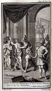 Ulysses tvåa efter Telemaque och två av deras herdar upplöste alla förföljarna. Lustration för XXII boken av Odyssee av Homere, i Odyssee, publicerad i Amsterdam 1731, Collection privee Milan. av Flemish School