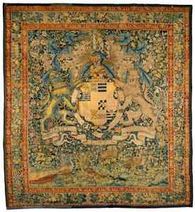 Verdure gobeläng med armarna av Robert Dudley, Earl of Leicester, cirka 1570-1585 (ull, siden) av Flemish School
