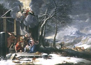 Vinterlandskap med Nativity (olja på duk) av Flemish School