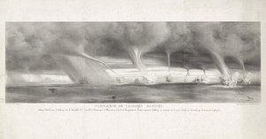 Waterhozen op zee på Sicilien, 1827 Fenomenet med vattenpipor, observerat i Siciliens hav, i sikte av Stromboli, 27 juni 1827 (titel på objekt) av Félix Achille Beaupoil Saint Aulaire