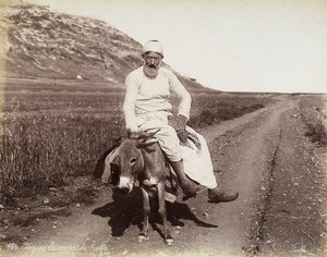 Porträtt av en bonde från runt om i Haifa. Mannen rider på en åsna av Félix Bonfils