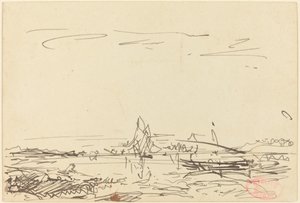 En vik med en segelbåt av Félix Ziem