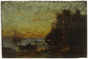 Båt och segelbåtar, solnedgång. På baksidan: Marine, mellan 1850 och 1860 (olja på trä)