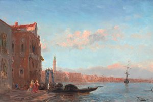 Figurer som lämnar ett palats, Canal della Grazia av Félix Ziem