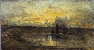 River turn (framsida); tre studier (baksida), mellan 1850 och 1860 (olja på trä) av Félix Ziem
