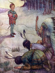 Indianer hyllar Peter Pan, som den store vite fadern (färglitografi)