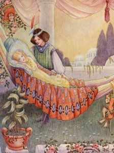 Prinsessan satte jungfrurna i hängmattor (färglitografi)