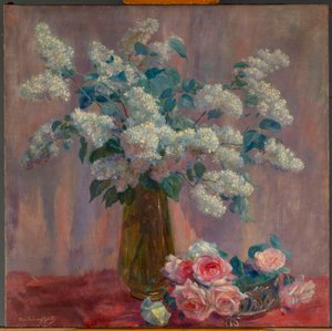 Syrener och rosor (olja på duk) av Flore Geleedts
