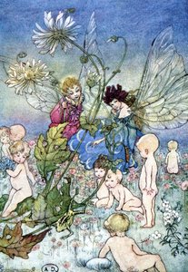 Kvinna-trollslända (älva) och tomte omgiven av bebisar - i "My Fairyland"" av Fiona Malcom, ill. Florens Andersson av Florence Anderson