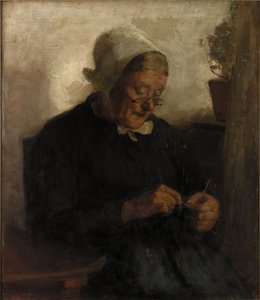 Old Woman Knitting (olja på duk) av Florence Engelbach