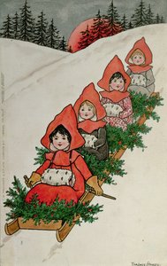 Fyra små flickor på en släde (färglitografi)
