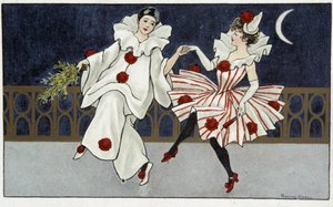 Pierrot och Colombine dansar i månskenet - dess. av Florence Hardy, deb. 1900-talet