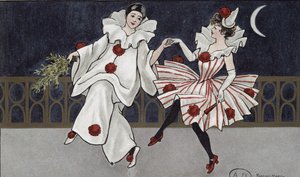 Vykort föreställande Pierrot och hans följeslagare, ca 1900