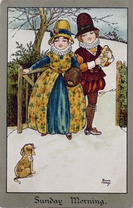 Söndag morgon, viktorianskt kort (färglitografi)