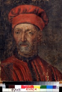 ""Porträtt av den rika florentinska bankiren Luca Pitti (1394-1472)"" Han gav sitt namn till Pitti-palatset) Målning av den florentinska skolan från början av 1500-talets regionala Deineka konstgalleri, Kursk Ryssland