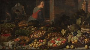 Stilleben med frukt och grönsaker, med Kristus vid Emmaus i bakgrunden av Floris Gerritsz van Schooten