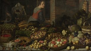 Stilleben med frukt och grönsaker, med Kristus i Emmaus i bakgrunden, ca. 1630