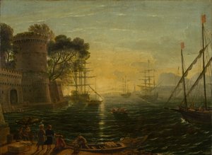 Hamnen vid solnedgången av Follower of Claude Lorrain