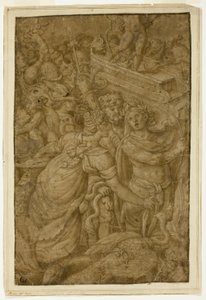 Amor i triumfvagn, ackompanjerad av gudar och gudinnor av Follower of Giulio Romano
