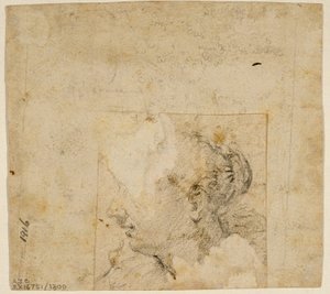 Kvinnligt huvud i profil till vänster; Skiss av träd och byggnad av Follower of Jacopo Bassano