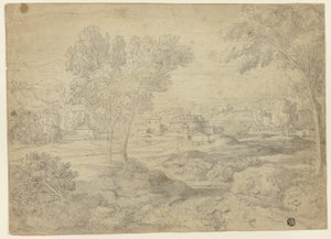 Italienskt landskap med byggnader av Follower of Nicolas Poussin