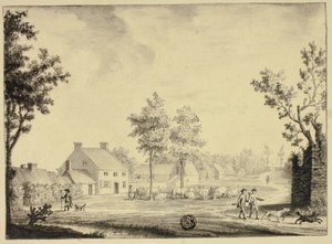 Jägare och boskapshjordar utanför lantgård av Follower of Samuel Hieronymus Grimm