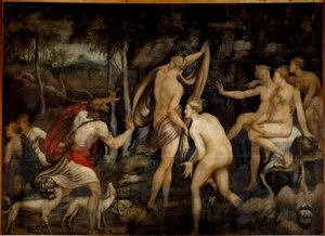 Diane (Artemis), jaktens gudinna, och Acteon, jägare Målning från School of Fontainebleau (1500-talet). Mått 2,65 x 3,67 m