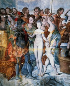 Henry II och Diane de Poitiers, fresker i Ligues förgyllda torn, Fontainebleau School, Tanlay Castle (1500-1600-talet), Bourgogne, Frankrike av Fontainebleau School